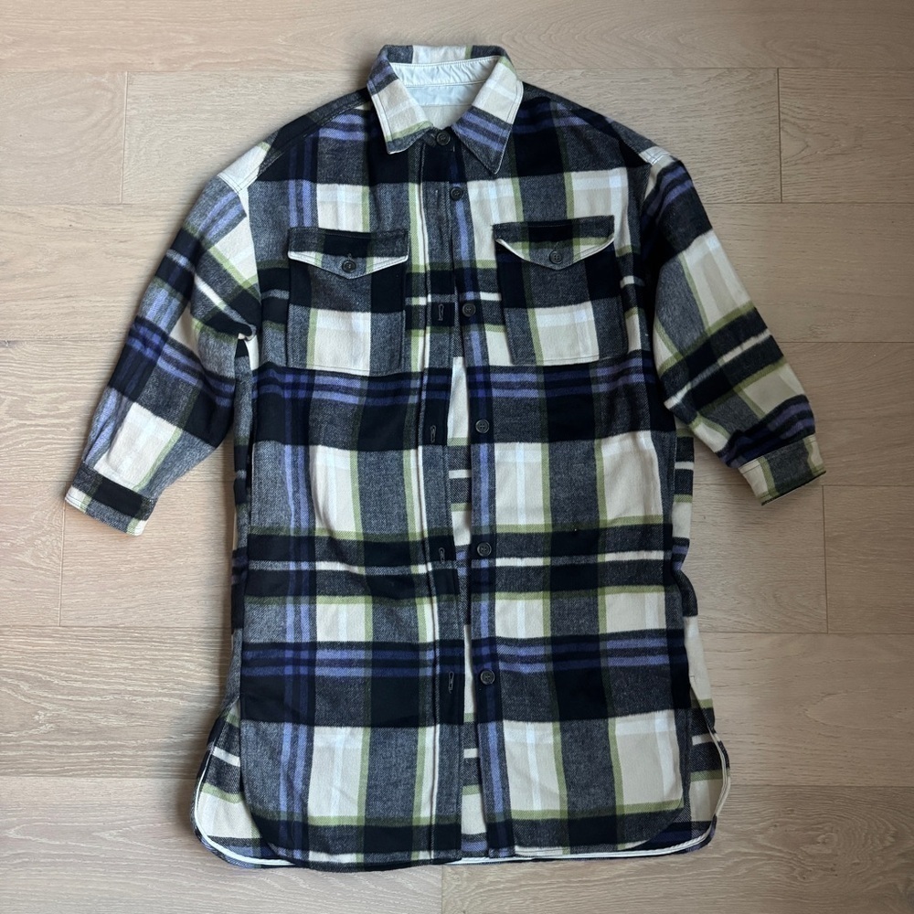 Zara Plaid Shacket Jacket Black White Green Purple Button Pockets Long Sleeve L